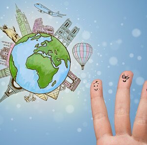 Cheerful finger smileys with famous landmarks of the globe